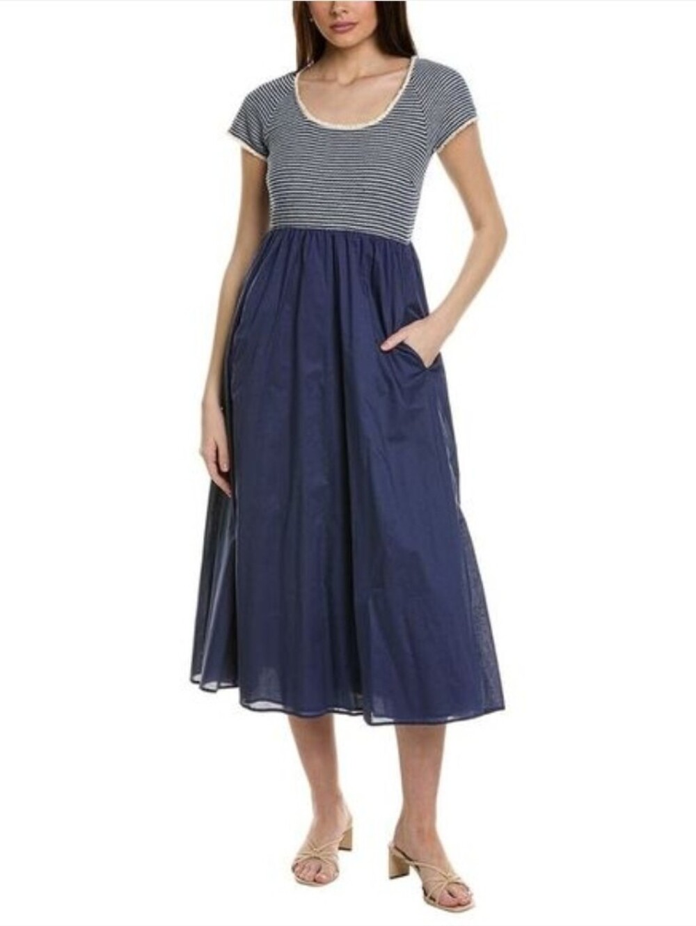 Weekend Max Mara Parole Jersey Navy & White Midi Dress W/ Pockets. Est Small